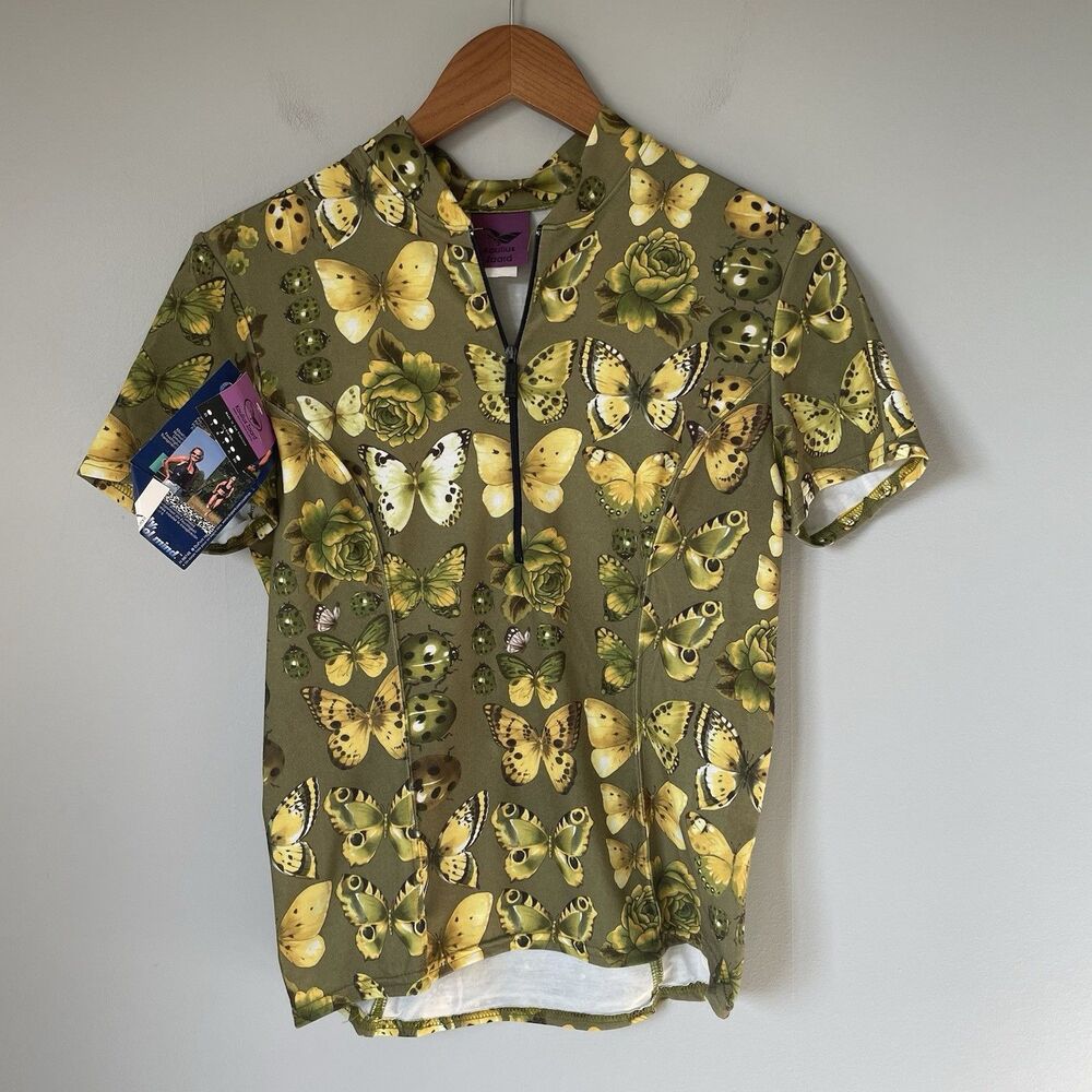 Koulius Zaard Vtg. Cycling Jersey Top Butterfly Print Green USA Made Size Medium